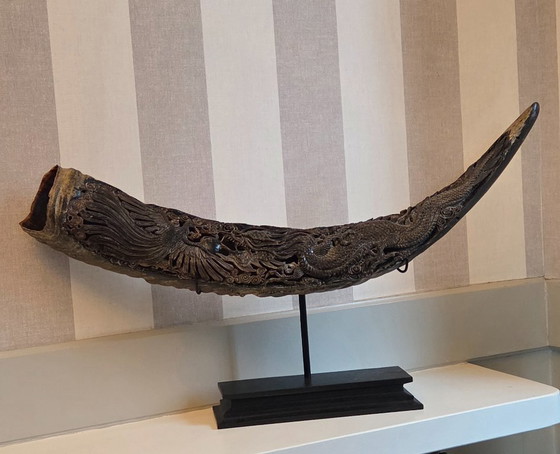 Image 1 of Large carved buffalo horn on a base (ref 4168)