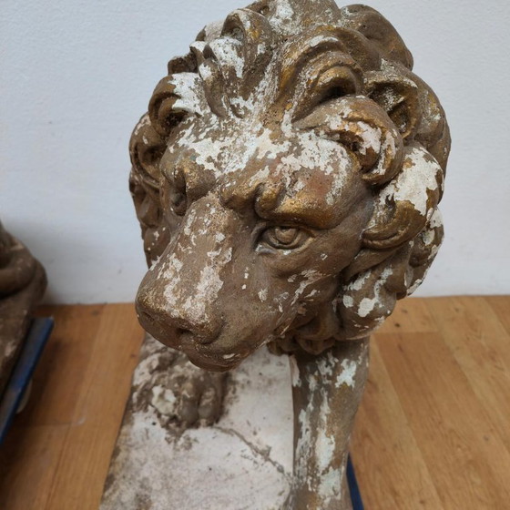 Image 1 of Set di 2 grandi statue da giardino raffiguranti un leone, ornamento da giardino in cemento.