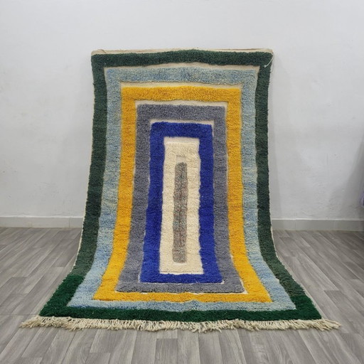 Handmade ecru Moroccan rug with geometric patterns, 250cm x 150cm