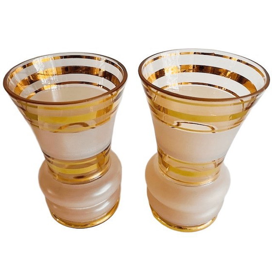 Image 1 of Par de jarrones De Rupel de vidrio rosa bañados en oro, estilo Hollywood Regency, años 30