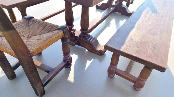 Old Farmhouse Dining Table, 2 Benches, 2 Chairs – Dining set, Wood, Wicker (photo 4 of 6)