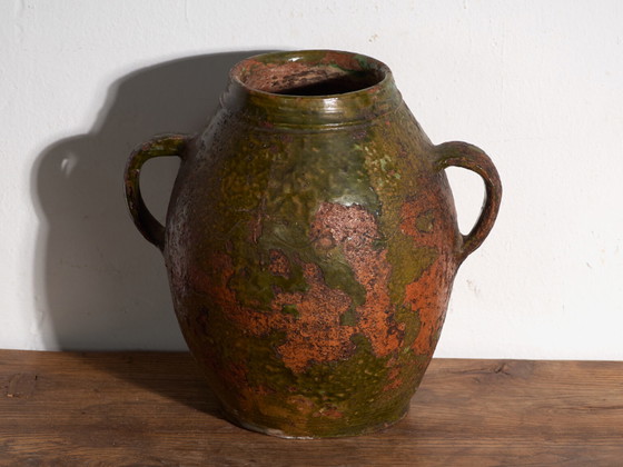 Antieke geglazuurde aardewerken pot met twee handvatten – Centraal-Europa, circa 1920 – Decoratieve objecten (photo 32 of 40)