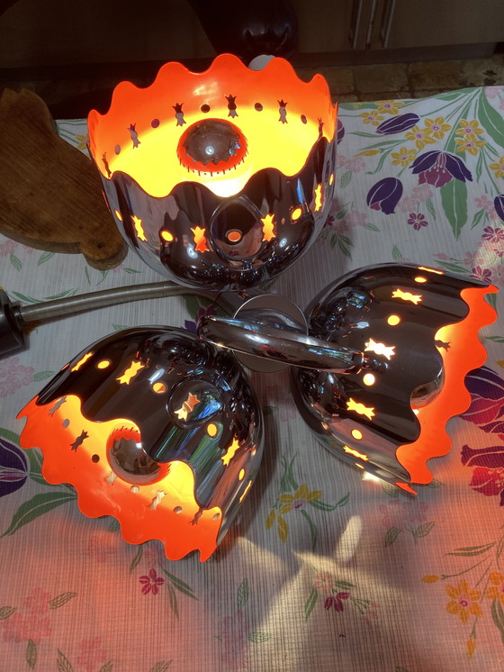Image 1 of Chrome-plated Metal Hanging Lamp, Italian Work, 70s, Flower Shape, Interior, Orange, Attributed to Goffredo Reggiani