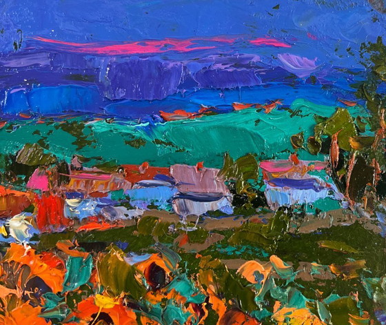 Image 1 of Original Oil Painting Evening Village Landscape Village life in the summer