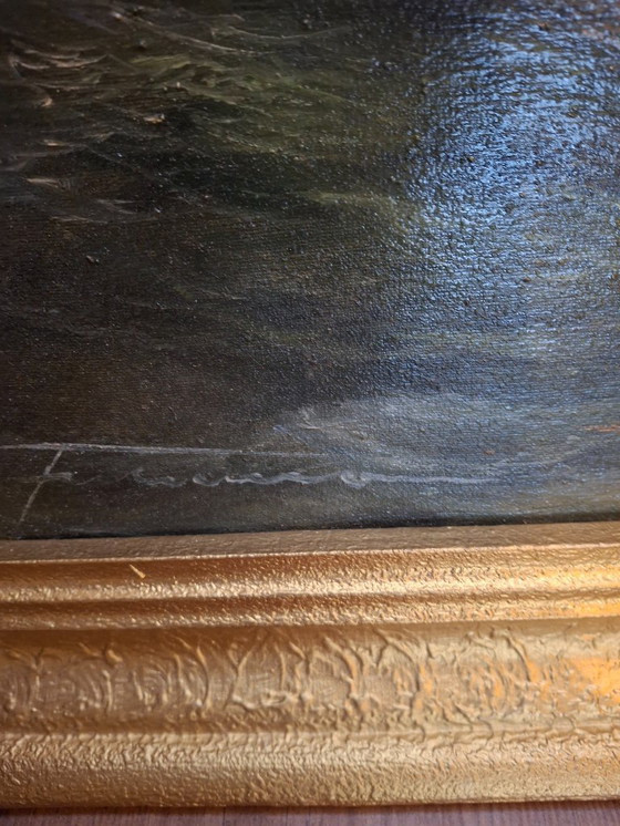 Image 1 of Pintura al óleo de veleros en aguas turbulentas