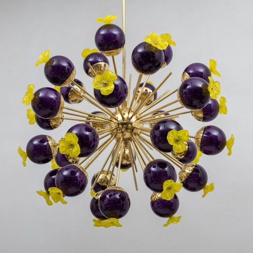 Italian Murano Glass and Brass Sputnik Chandelier, Yellow and Purple Spheres