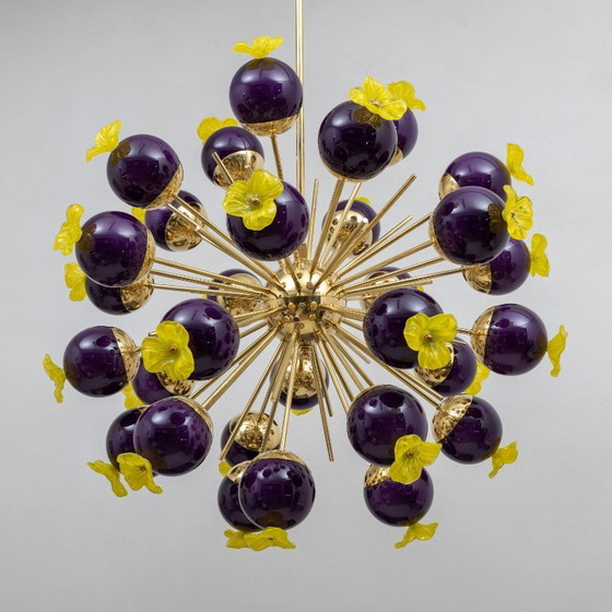 Image 1 of Italian Murano Glass and Brass Sputnik Chandelier, Yellow and Purple Spheres