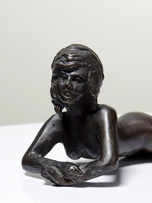 Small Mid - Century bronze, small bather, reclining nude woman