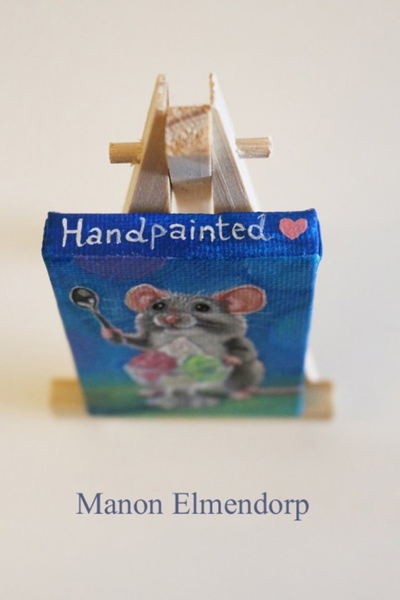 Image 1 of Hand-painted Small Painting Mouse with Ice Cream 7x5 cm