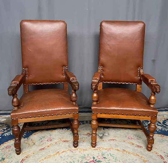 Pair of Renaissance armchairs. Carved solid oak. Holland. Late 19th century., Wood, Brown (photo 2 of 9)