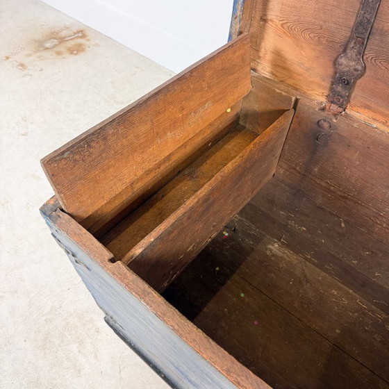 Baule antico dipinto di blu del 1871, Armadi contenitori, Legno, Metallo, Vintage (foto 13 di 15)