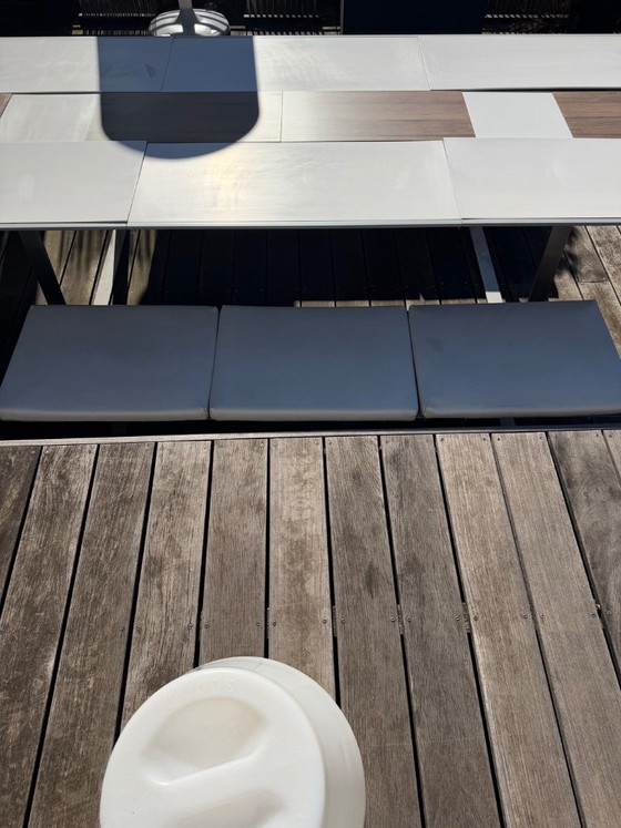 Exceptional extendable outdoor table + 2 stainless steel benches with marine upholstery - Design by (photo 5 of 12)