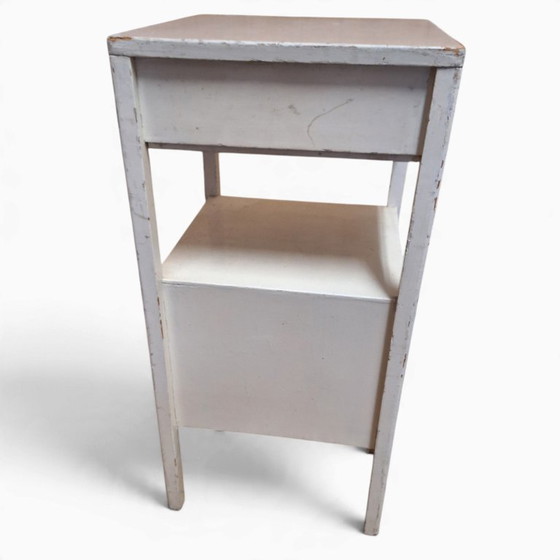 Vintage Nightstand / Cabinet with Drawer and Door, Wood, Plastic, White (photo 5 of 8)