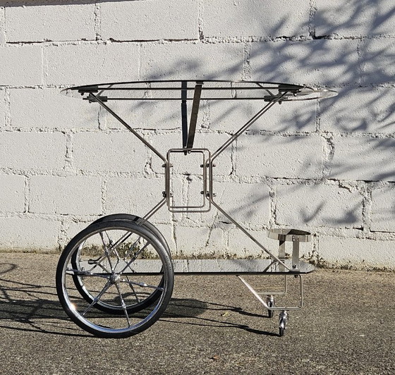 Image 1 of French Mid-Century Smoked Glass and Chrome Bar Trolley-Drop Leaf Bar Cart-Vintage Two Tier Dessert-Bar Trolley-60s
