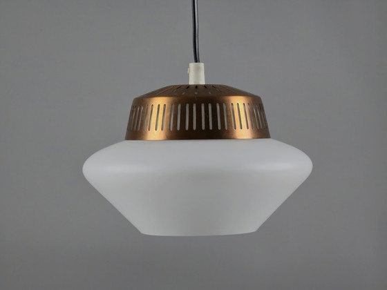 Image 1 of Rare 1950s Vintage Opal Arch Pendant Light By Svend Aage Holm‑Sørensen — Danish Mid-Century Modern Pendant Lamp.