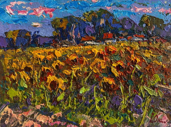 Image 1 of Original Oil Painting Day Flowers Landscape Sunflower field in the village