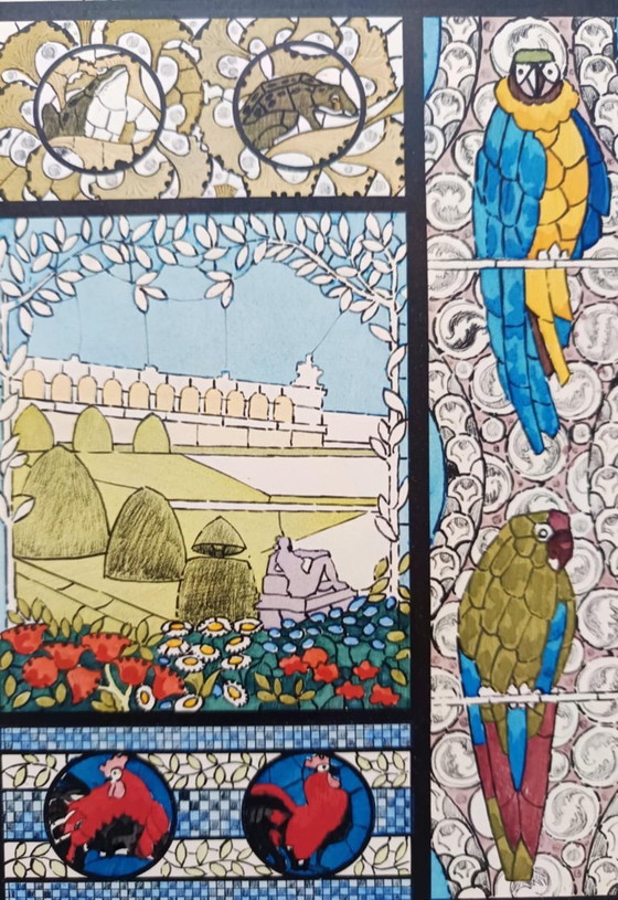 Image 1 of Art Nouveau-illustratie van een glas-in-loodraam door René Binet, 1902.