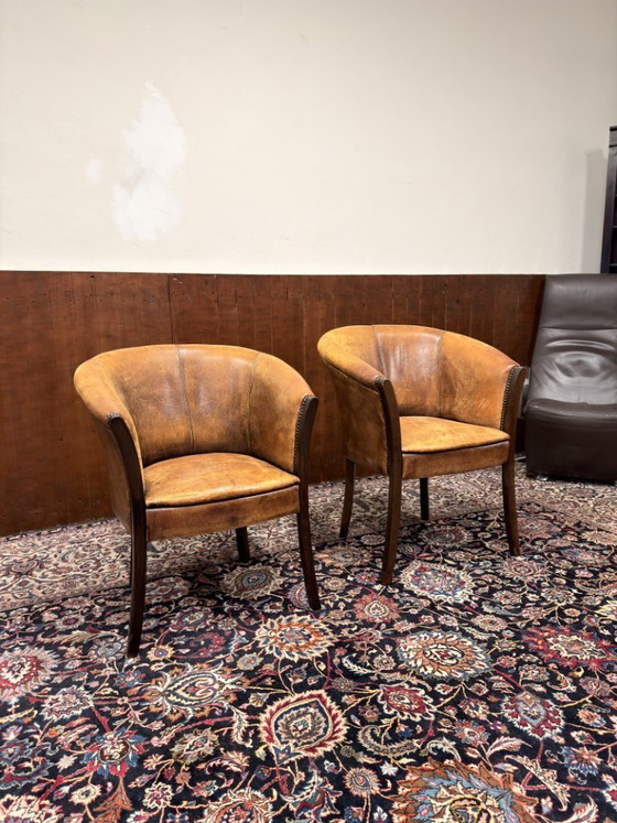Set Klassiek Engelse Schaap Lederen Stoelen – Fauteuils, Leather, Wood (photo 11 of 12)