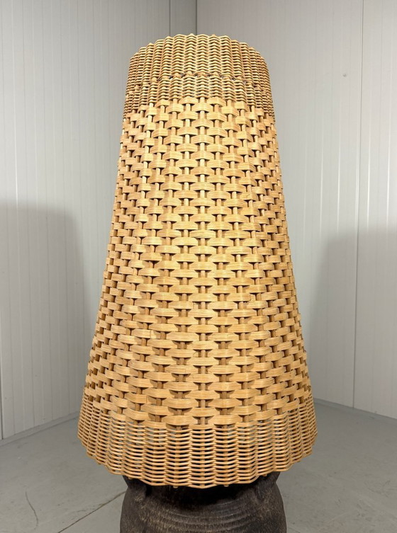 Image 1 of Large pottery floor lamp with rattan shade 1960's