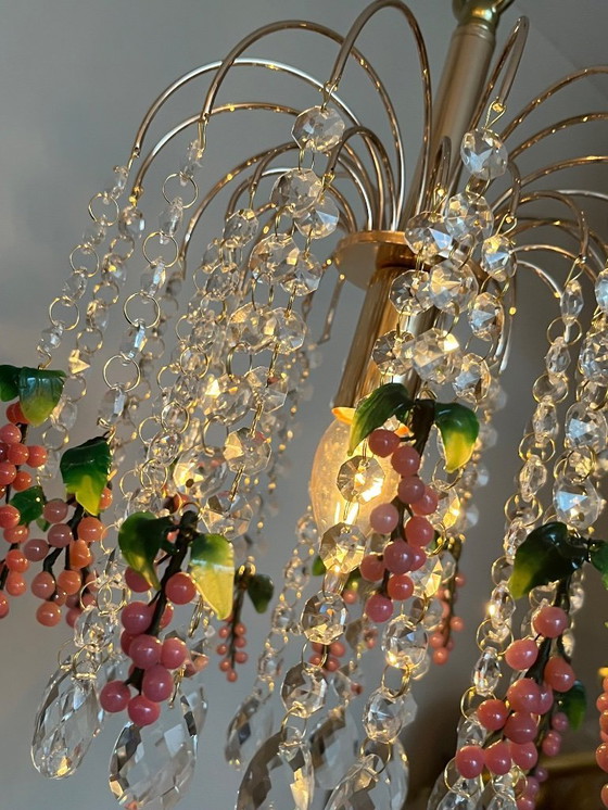 Image 1 of Set of 3 Vintage Pink Grapes Fruit Teardrop Chandelier From Murano