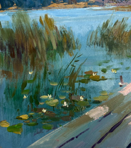 Image 1 of Original Oil Painting Summer River Landscape Quiet flow of the river