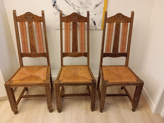 Image 1 of 6 x brutalist stoelen eik Baskisch vintage