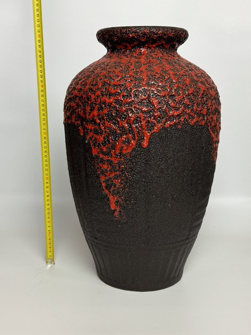 Extra Large Mid-Century Design Ceramic Black Fat Lava Vase with Red High Gloss Enamel by ES Keramik, West Germany 1960s.