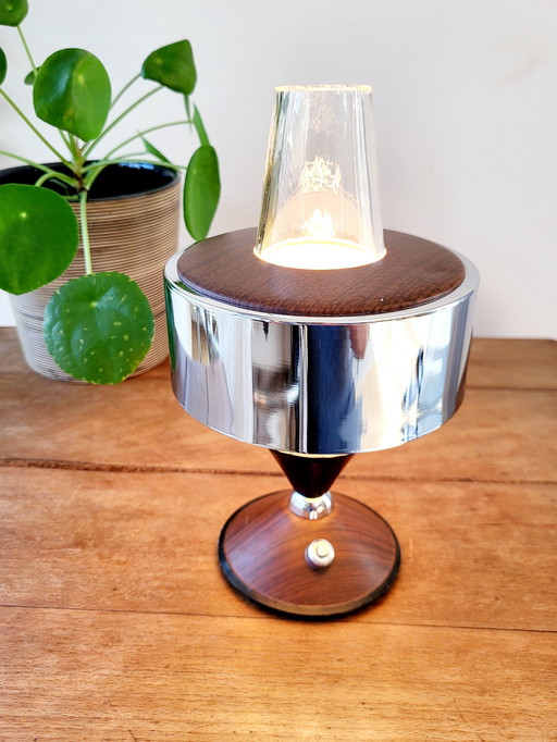Vintage table lamp, round wooden base finished with chromé, 1950s