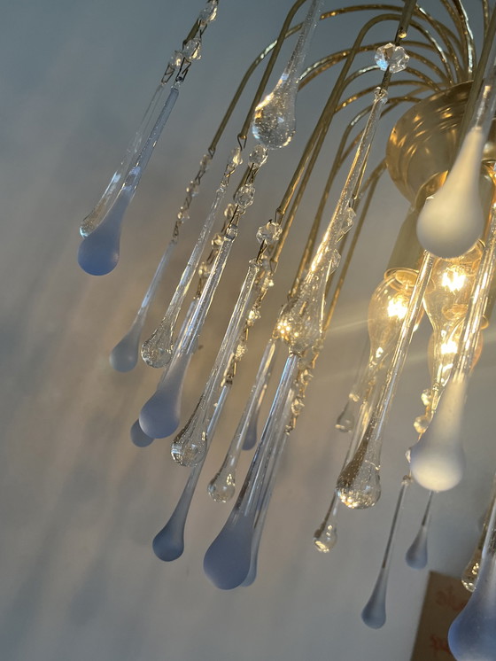 Image 1 of Vintage Blauwe Teardrop Kroonluchter Hanglamp Goud Frame