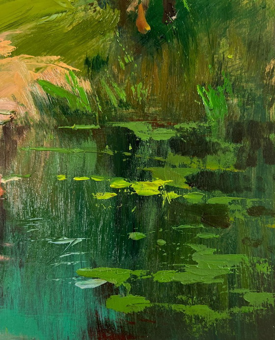 Original Oil Painting Summer River Landscape At the Village Shore – Paintings & Drawings, Mdf (photo 8 of 9)