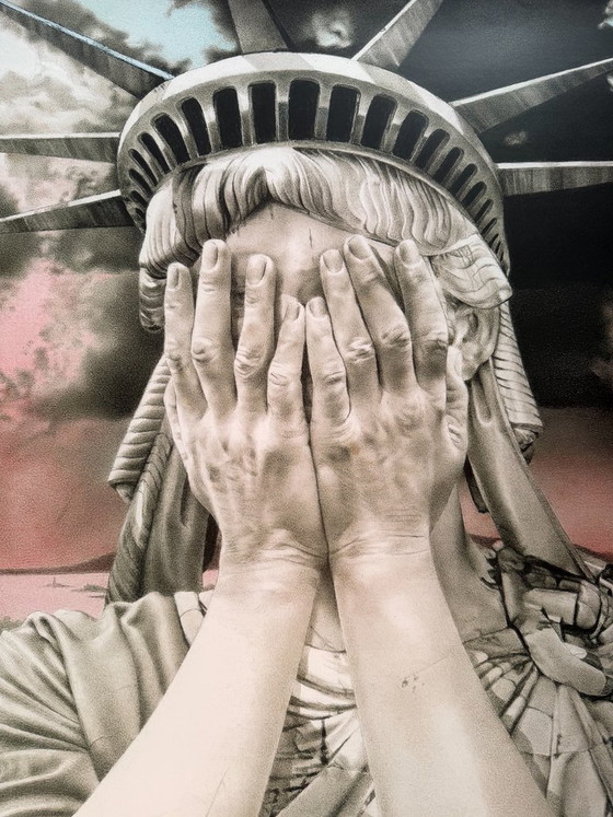 Image 1 of Gee Vaucher, Oh America, 1989, tentoonstellingsposter, 2019 “Art Strike Back….” Gedrukt in Denemarken