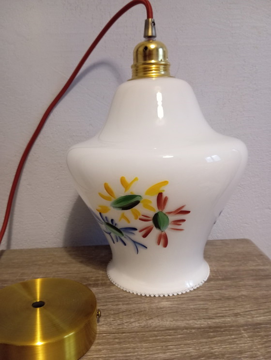 Image 1 of White Opaline Hanging lamp Floral design, 60'S