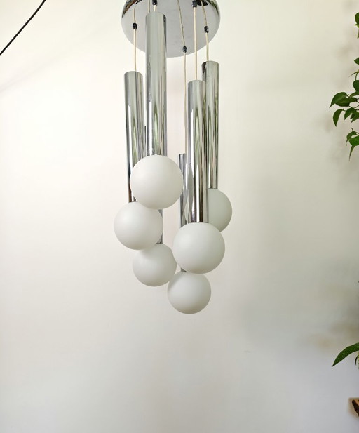 Vintage Sijaj Hrastnik Chandelier / Mid Century Modern Chrome & Glass Globe Pendant Lamp / Space Age Ceiling Light / Yugoslavian