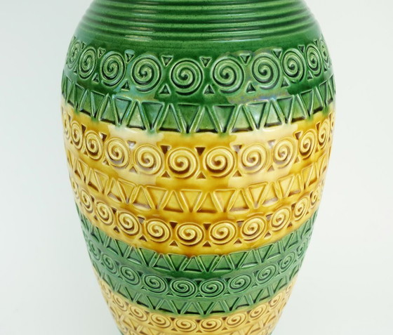 Image 1 of west german 1960s mid century VASE floorvase ü-keramik green ochre relief pattern model 1142-50