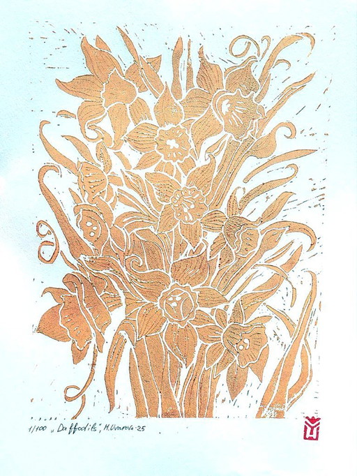Jonquilles - Linogravure A3 faite à la main