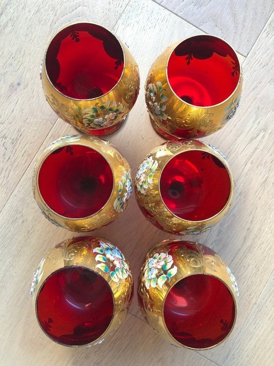 Image 1 of 6 glazen met steel - Murano rood glas