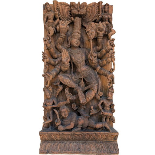 Wanddecoratie Antiek Houten Durga Wandpaneel – Zuid-India Tempelreliëf – Lot 195