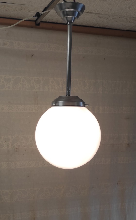 Image 1 of Bauhaus style pendant light in aluminum and opaline globe diam. 25 cm - mid. 20th century 