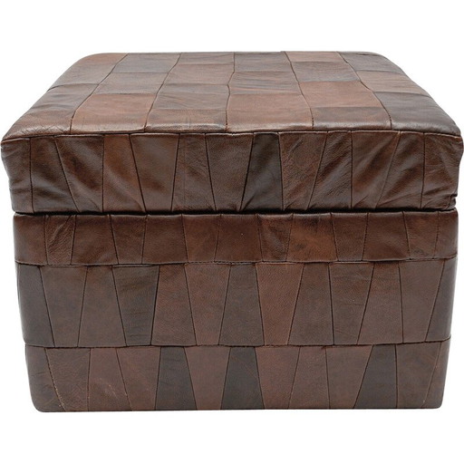 Vintage-Patchwork-Pouf aus schokoladenbraunem Leder mit Ablagefläche, Schweiz 1960