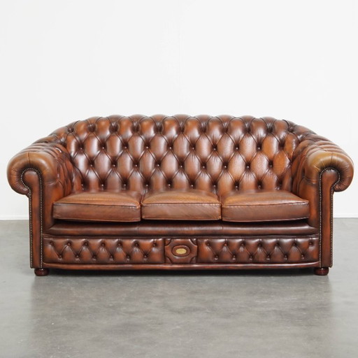 Cognac brown English cowhide leather 2.5 seater chesterfield sofa