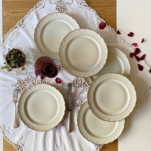 Set of 6 antique off-white porcelain dinner plates with gold rim, Limoges ULIM