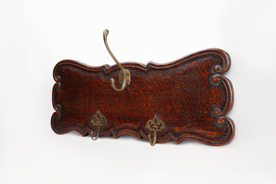Image 1 of Art Nouveau Style Coat Rack in Oak with Brass Hooks, France ca. 1915