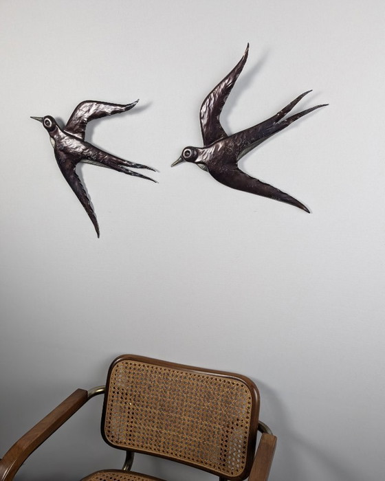 Image 1 of Pair Metal Swallow Wall Sculptures, Signed, 1970s