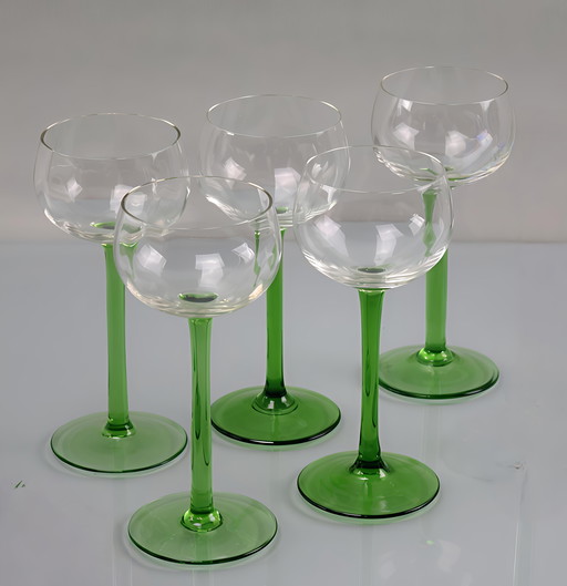 Set of 5 Traditional Alsace Wine Glasses Hand Blown with Green Foot