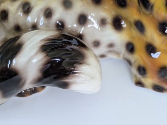Image 1 of Large Italian Midcentury Porcelain Leopard Pair Sculpture Hollywood Regency Ronzan Style