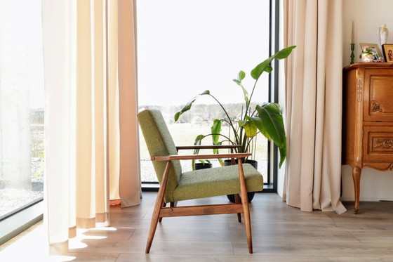 Image 1 of Mid-century moderne fauteuil in olijfgroene bouclé-stof, design van H.Lis
