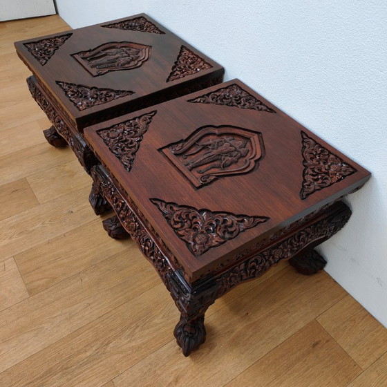 Image 1 of Set Oosterse salontafels, bijzettafels hout. Hand gestoken Aziatisch. SET PRIJS
