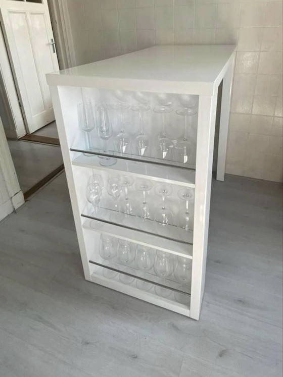 Image 1 of White high-gloss bar table kitchen wine rack or glass rack and with two taupe bar stools