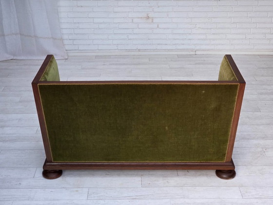 Image 1 of 1950s, Danish 2-seater sofa, original green furniture velour, oak wood.