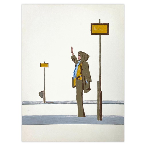 Aristomenis Angelopoulos Zeefdruk L'Arrêt D'Autobus 1974 – lithos zeefdrukken, Paper